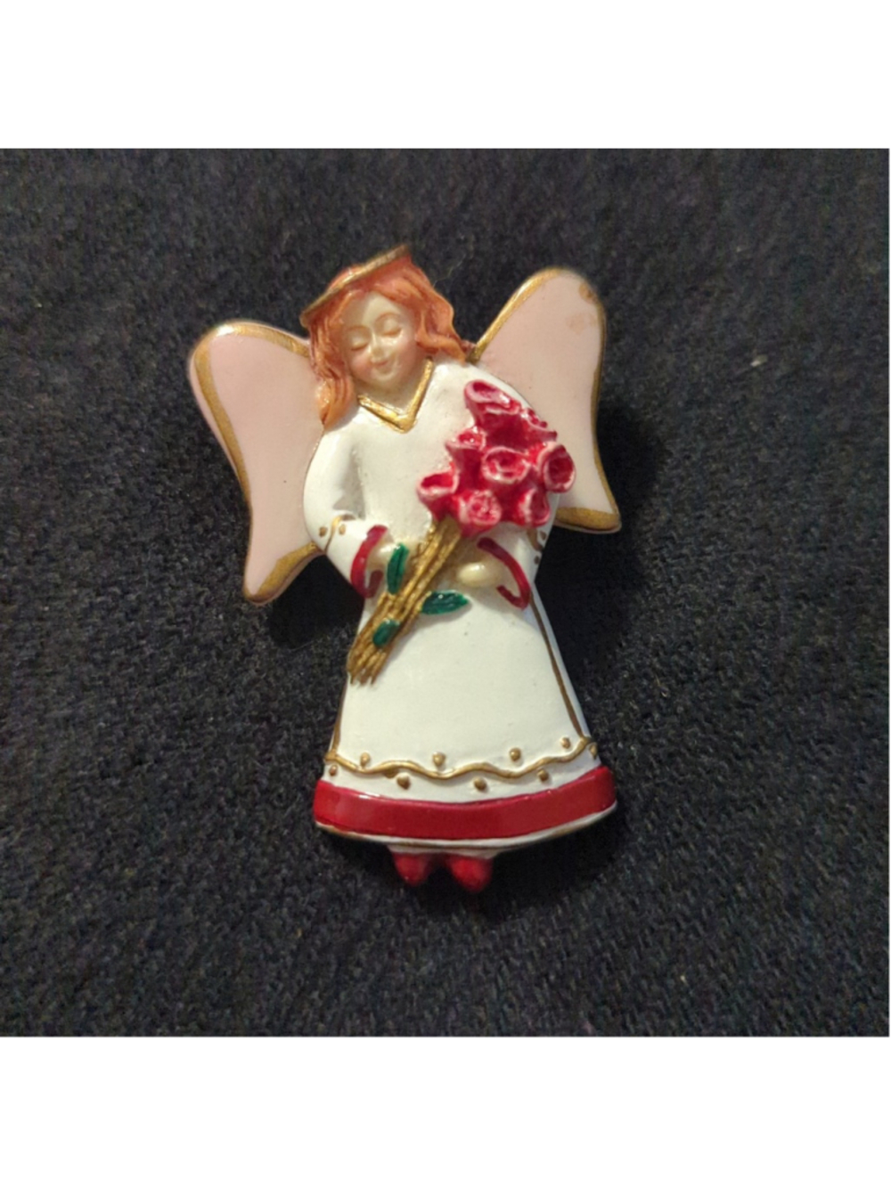 Vintage Red and White Angel with Flowers Statement Brooch Pin